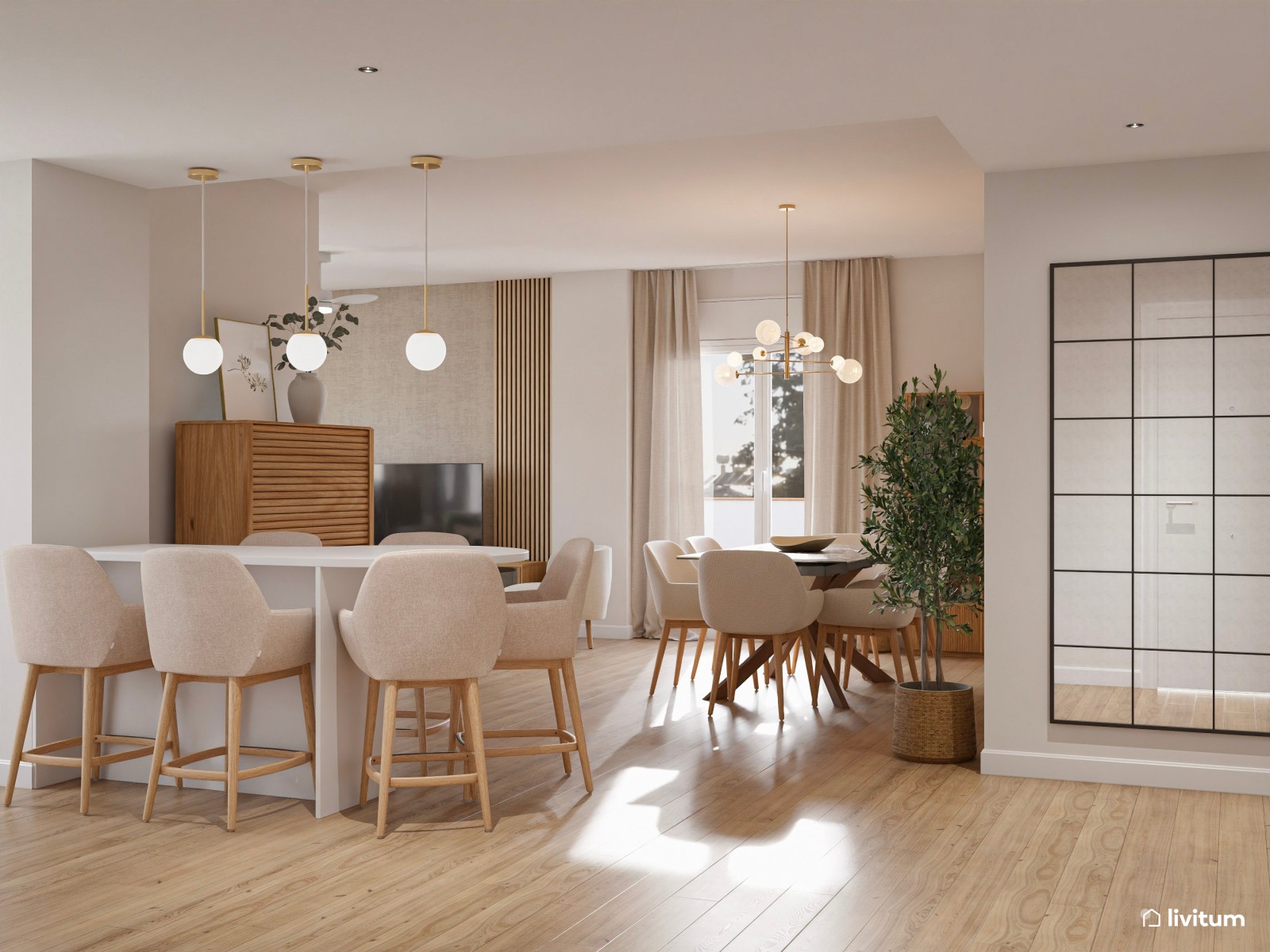 Salón comedor nórdico con papel pintado en beige y cuadros grandes en tonos tierra 