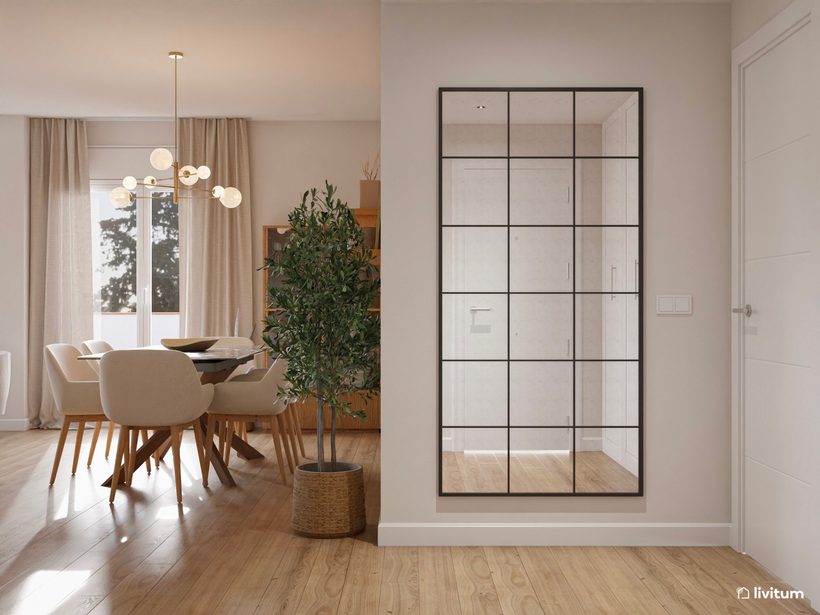 Salón comedor nórdico con papel pintado en beige y cuadros grandes en tonos tierra 