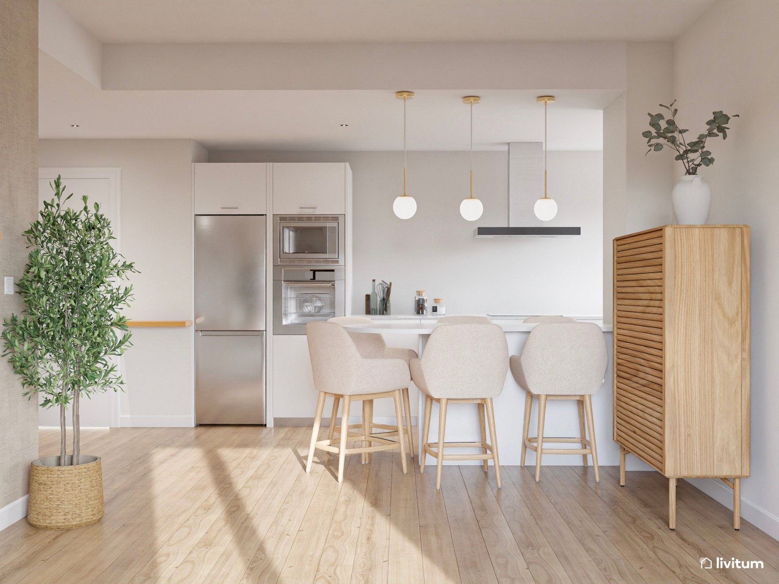 Salón comedor nórdico con papel pintado en beige y cuadros grandes en tonos tierra 