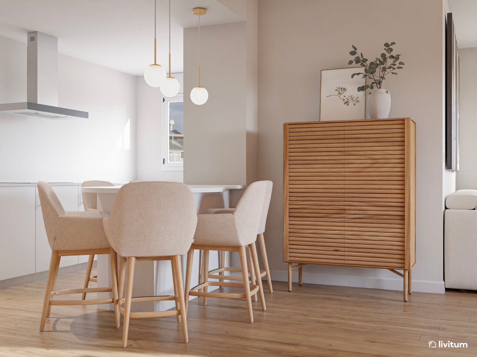Salón comedor nórdico con papel pintado en beige y cuadros grandes en tonos tierra 