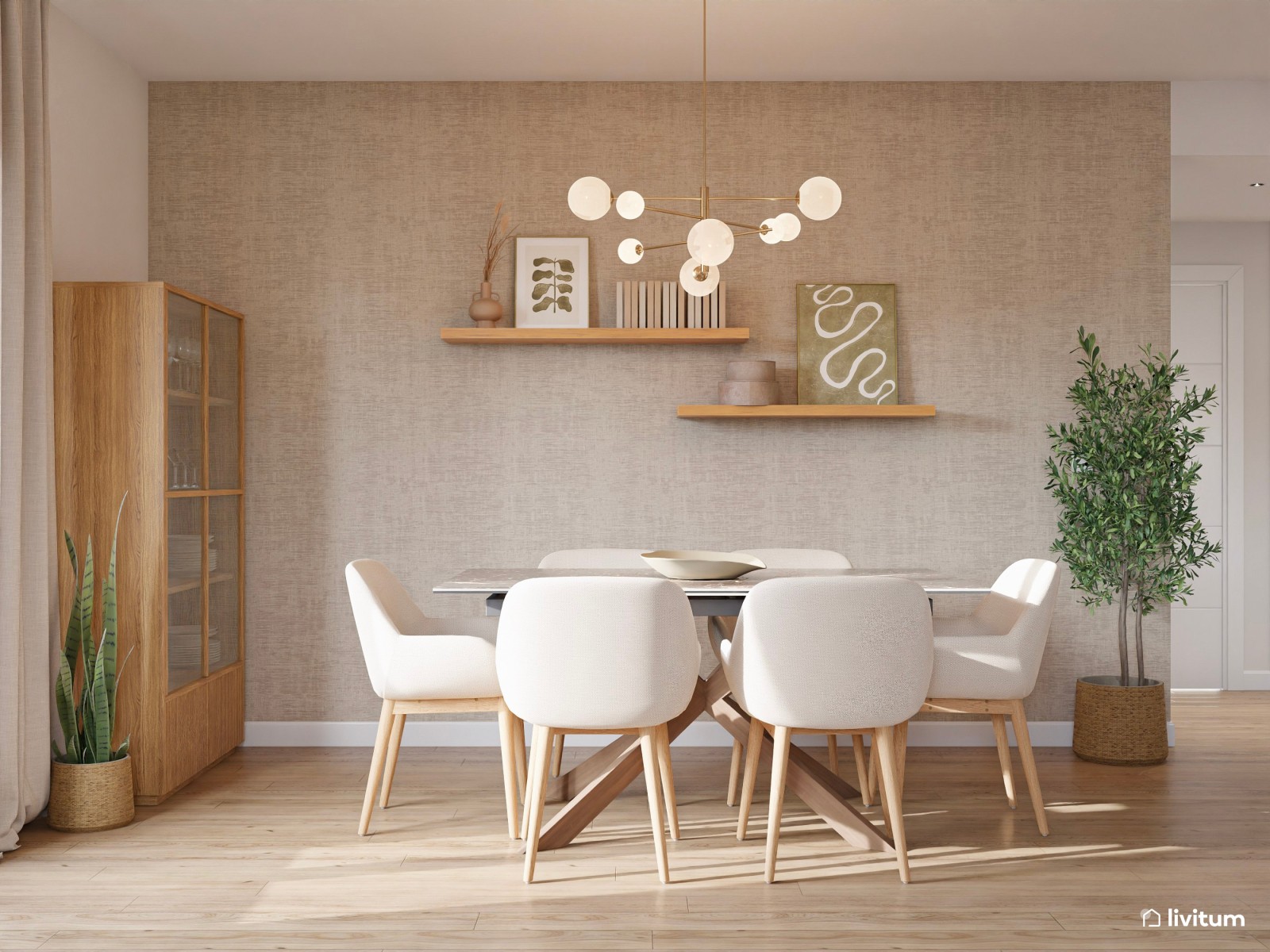 Salón comedor nórdico con papel pintado en beige y cuadros grandes en tonos tierra 