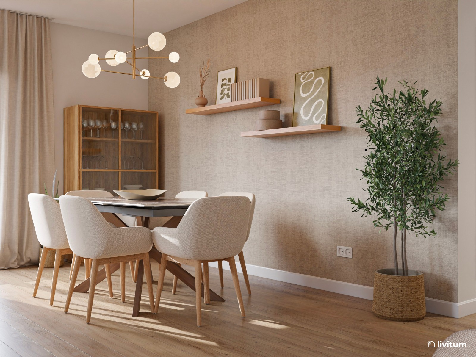 Salón comedor nórdico con papel pintado en beige y cuadros grandes en tonos tierra 