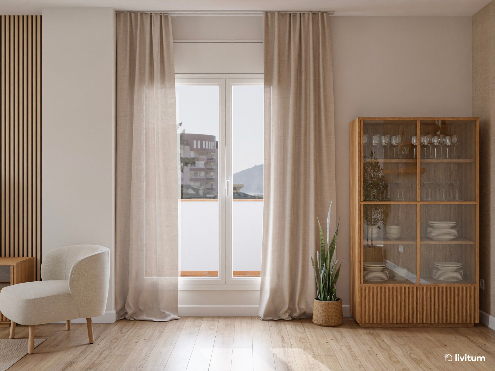 Salón comedor nórdico con papel pintado en beige y cuadros grandes en tonos tierra 