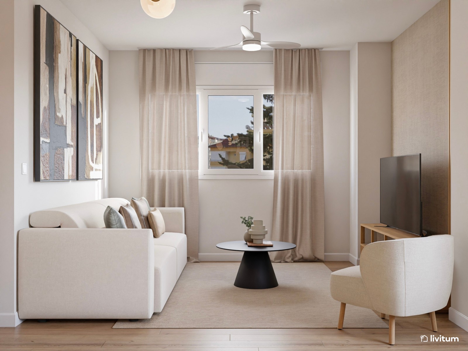 Salón comedor nórdico con papel pintado en beige y cuadros grandes en tonos tierra 
