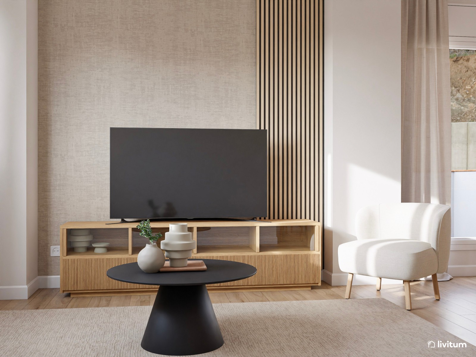 Salón comedor nórdico con papel pintado en beige y cuadros grandes en tonos tierra 