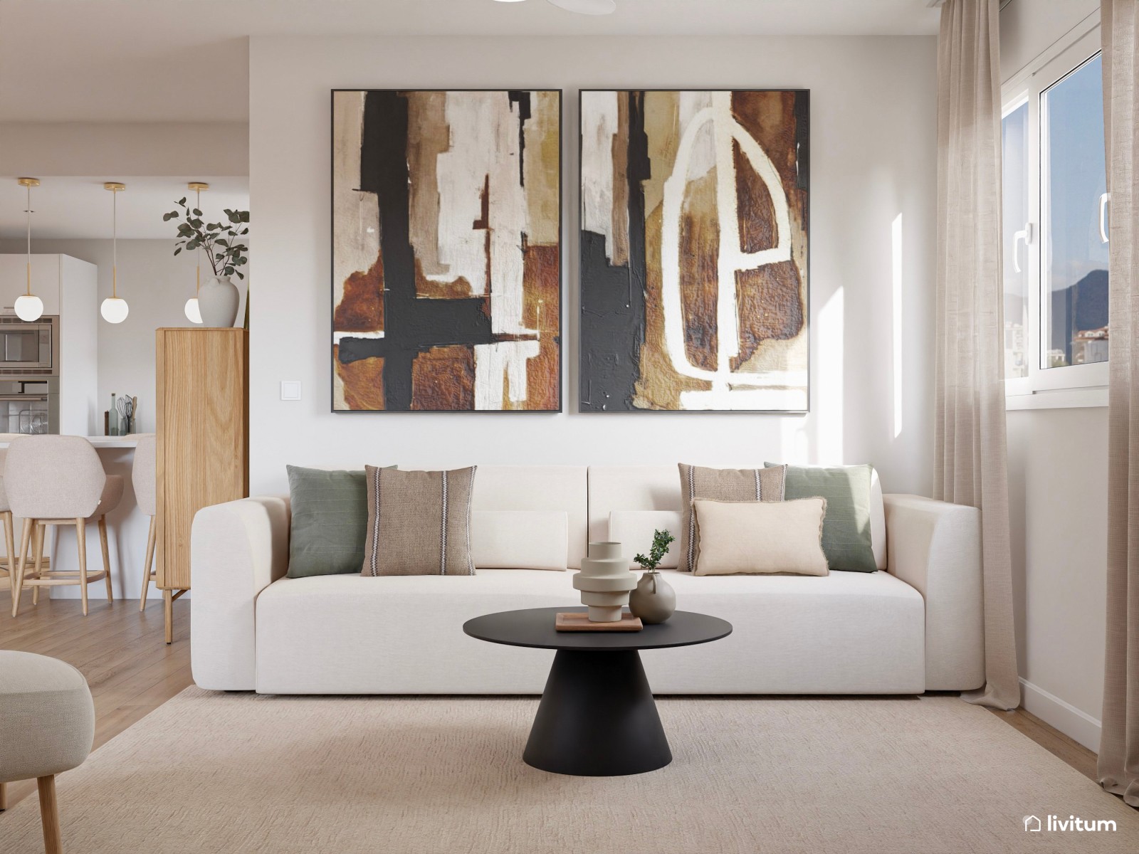 Salón comedor nórdico con papel pintado en beige y cuadros grandes en tonos tierra 