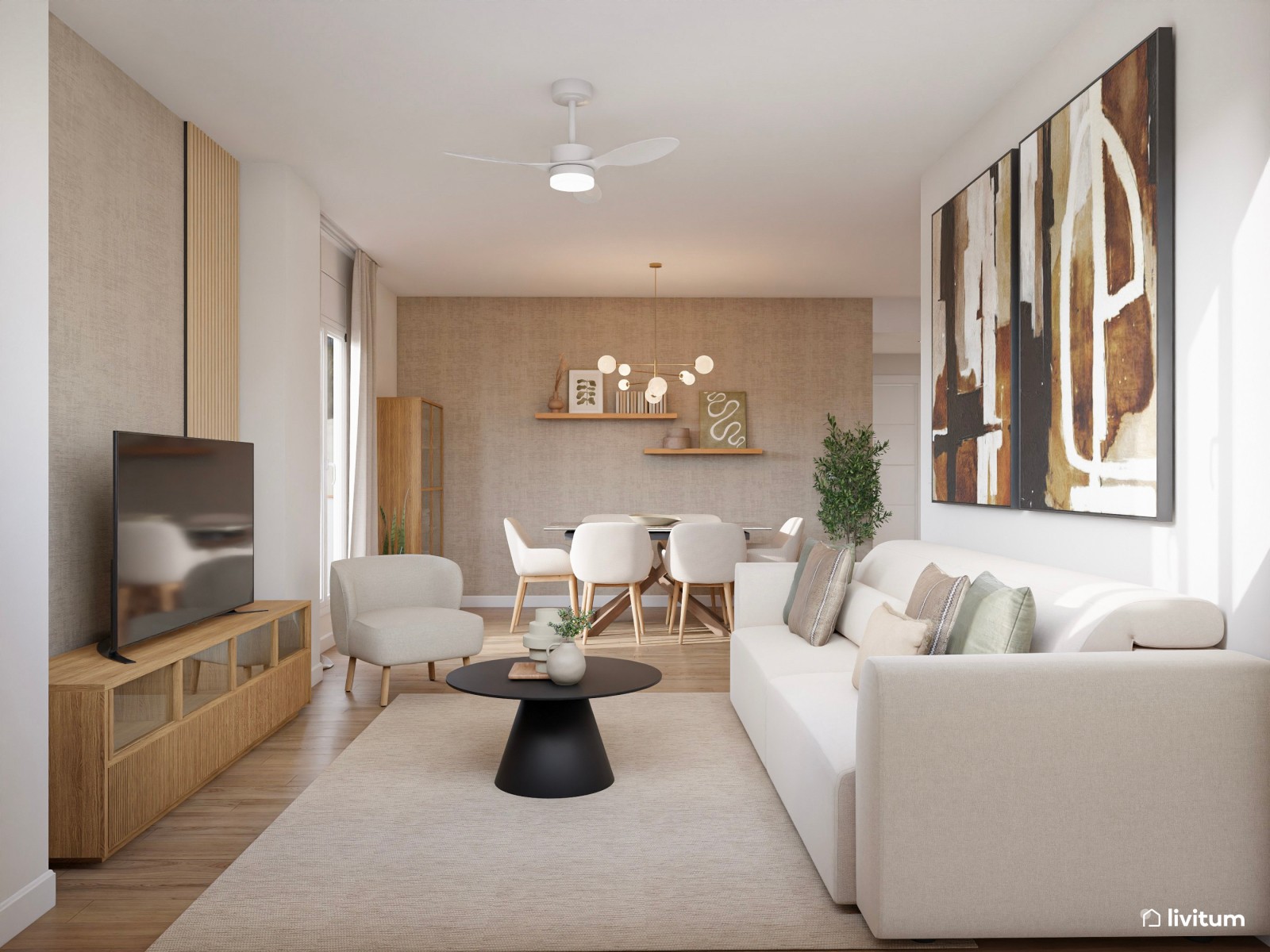 Salón comedor nórdico con papel pintado en beige y cuadros grandes en tonos tierra 