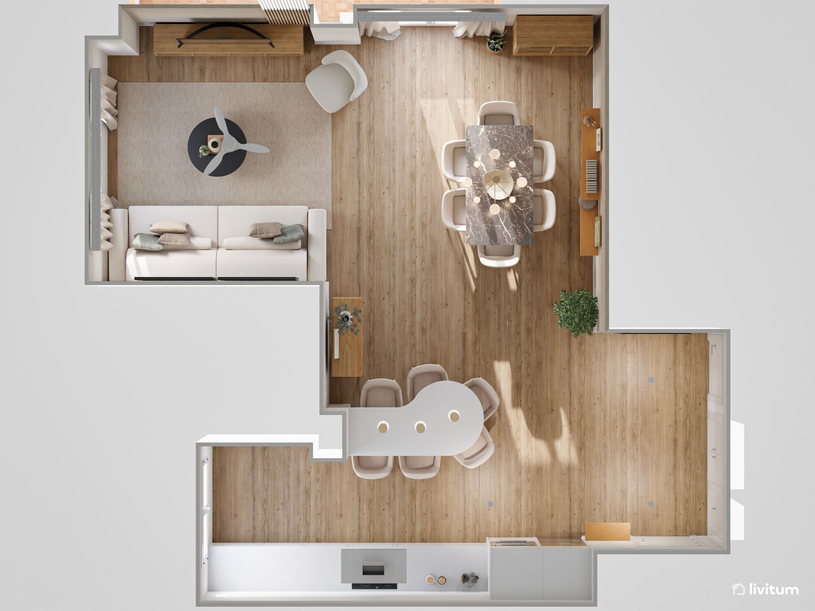 Salón comedor nórdico con papel pintado en beige y cuadros grandes en tonos tierra 