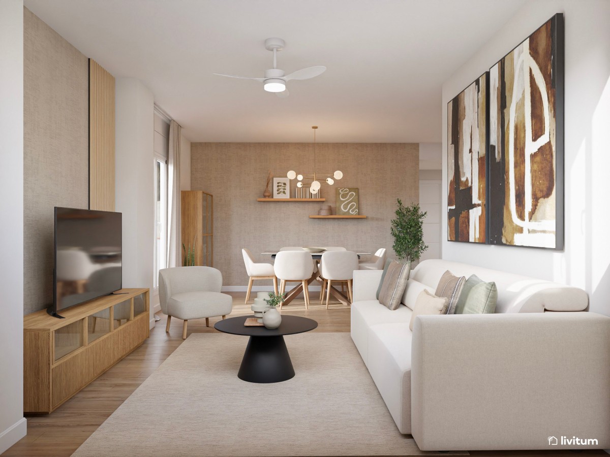 Salón comedor nórdico con papel pintado en beige y cuadros grandes en tonos tierra