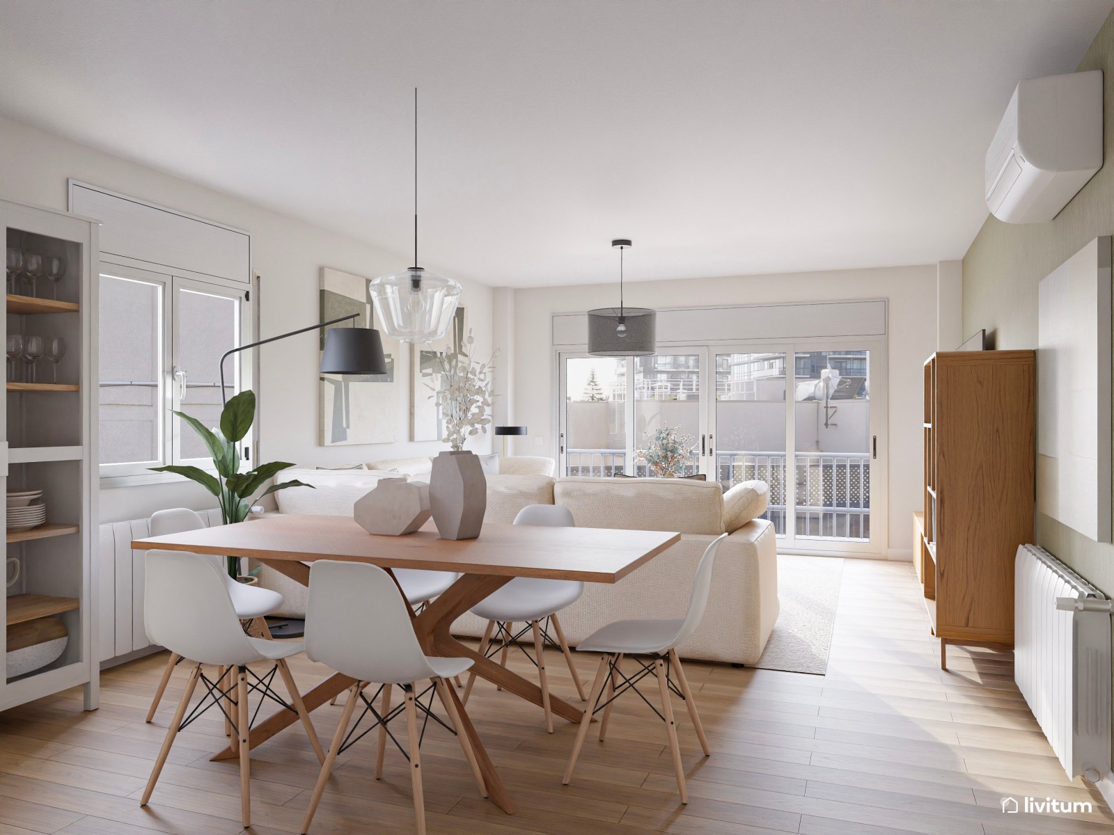 Salón comedor nórdico con pared en verde y detalles de acento en negro