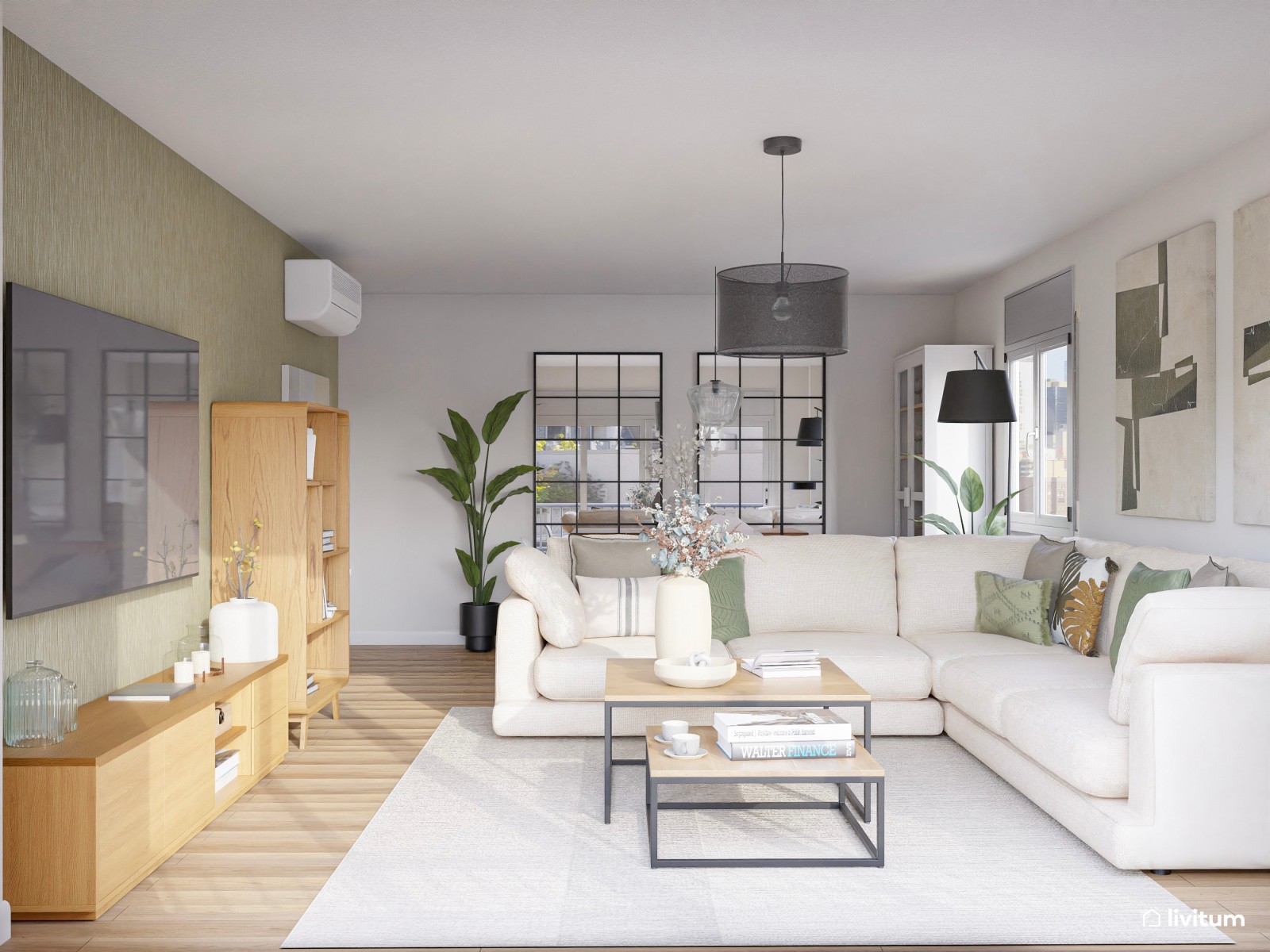 Salón comedor nórdico con pared en verde y detalles de acento en negro