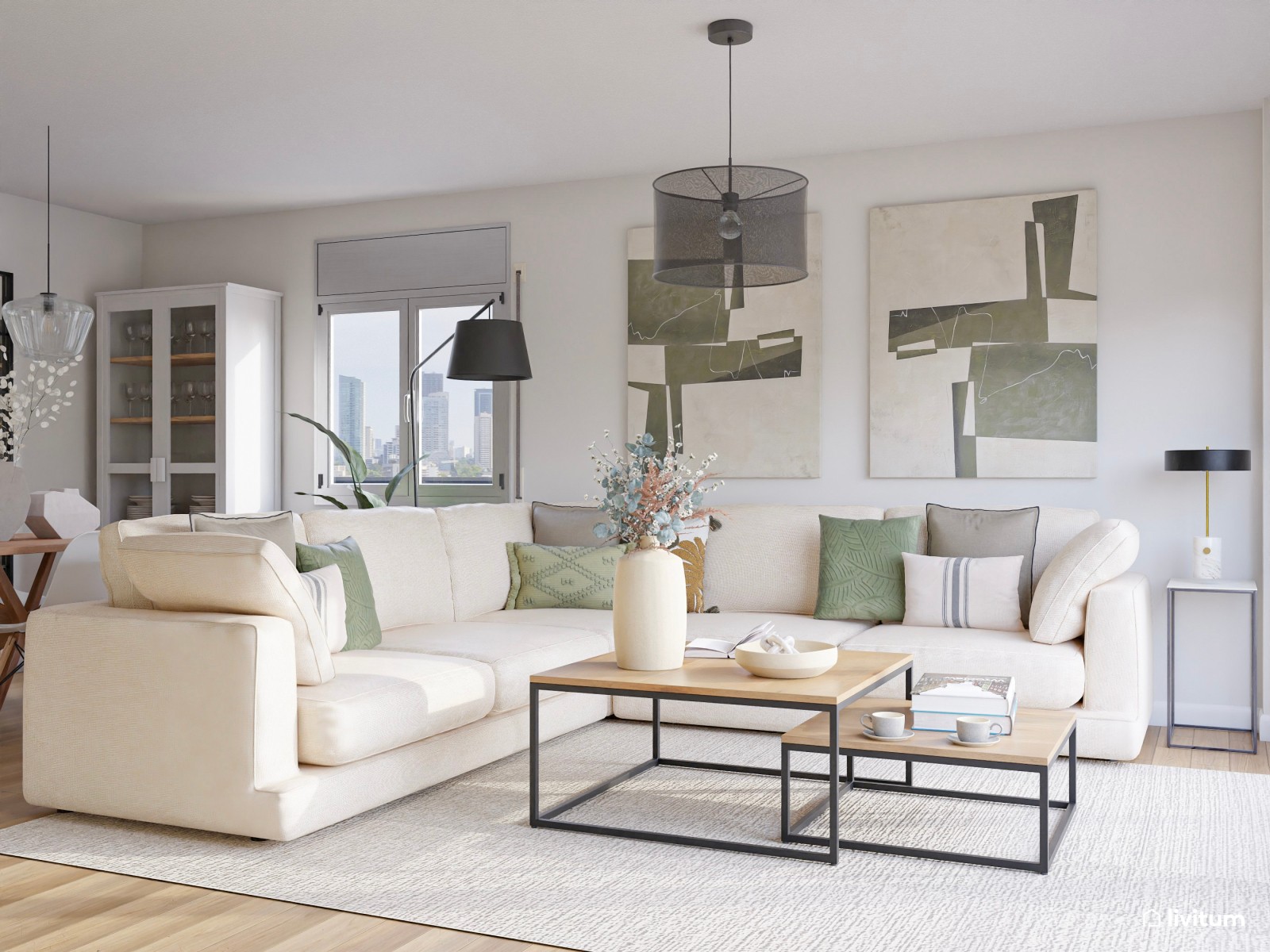 Salón comedor nórdico con pared en verde y detalles de acento en negro