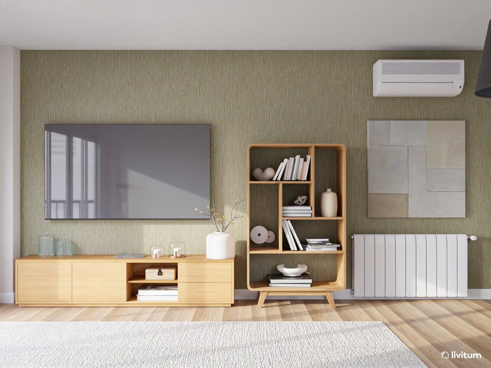 Salón comedor nórdico con pared en verde y detalles de acento en negro