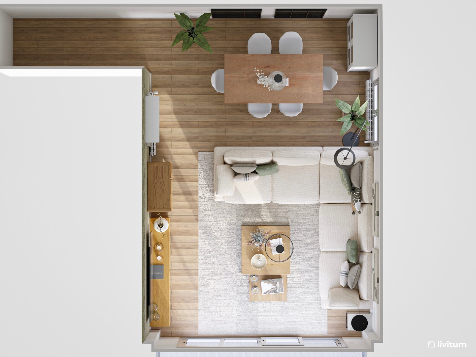 Salón comedor nórdico con pared en verde y detalles de acento en negro