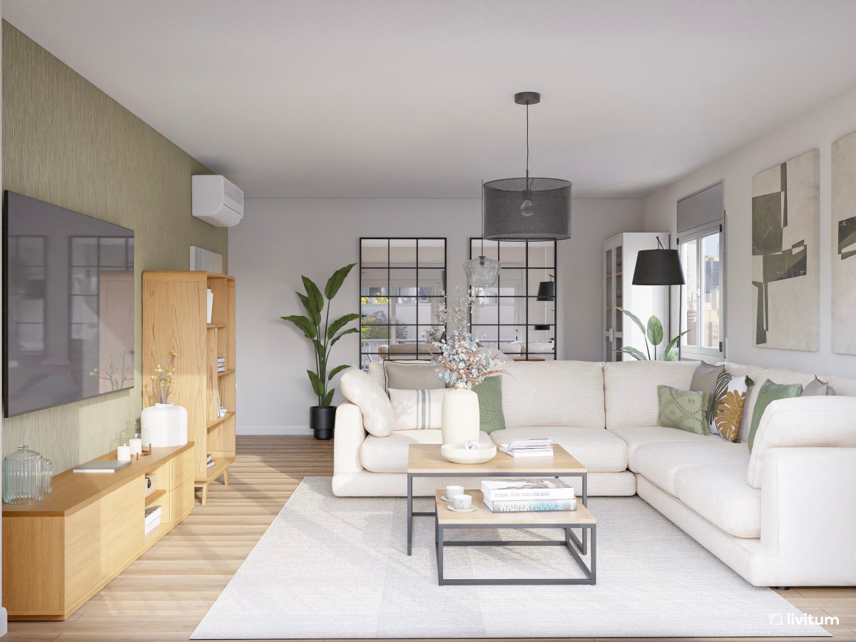 Salón comedor nórdico con pared en verde y detalles de acento en negro