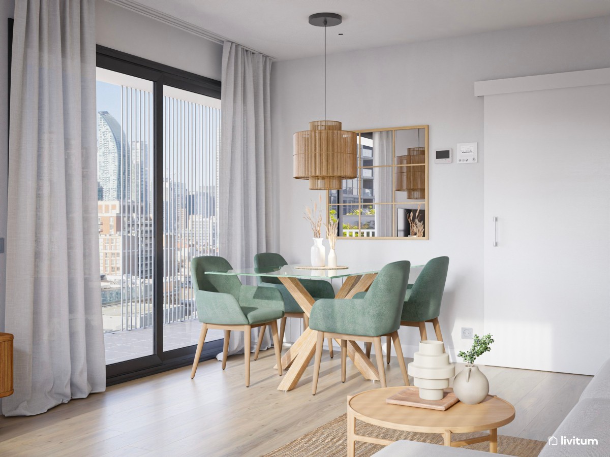 Salón comedor nórdico con sillas verdes - Livitum.com