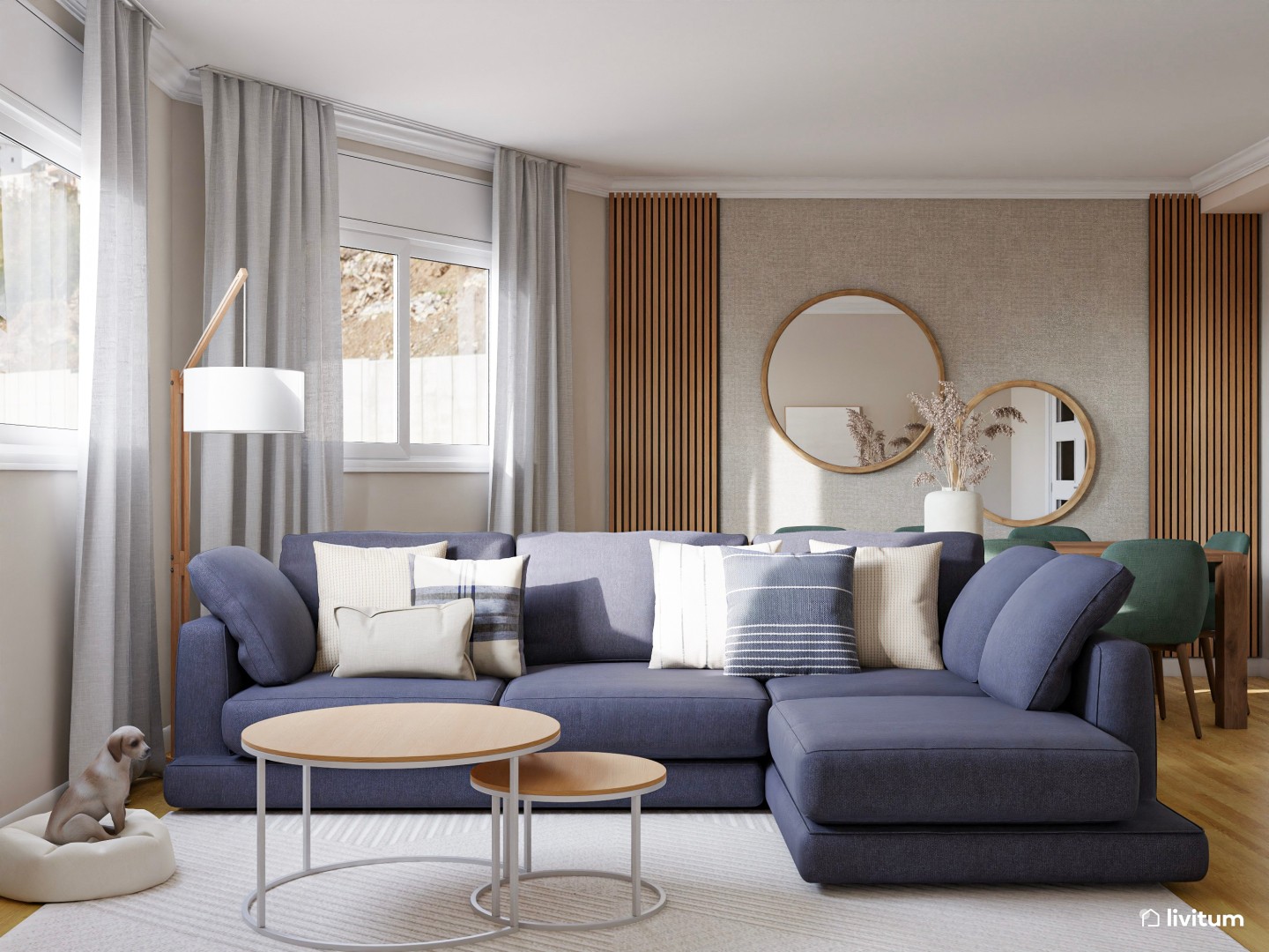 Salón comedor nórdico con sofá azul y madera - Livitum.com