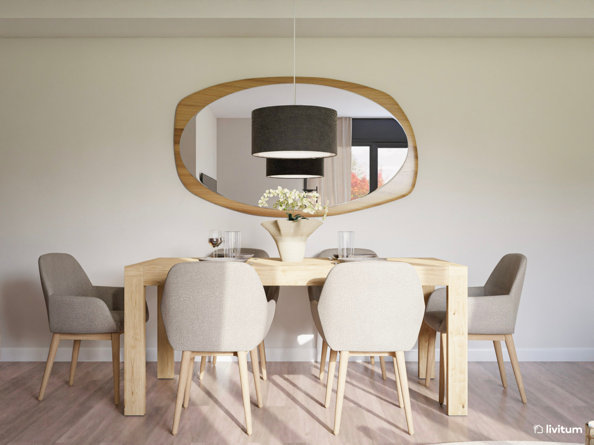 Salón comedor nórdico con un gran espejo ovalado