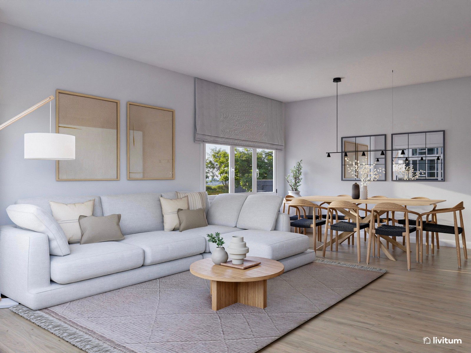 Salón comedor nórdico con un sofá blanco y espejos tipo ventana 