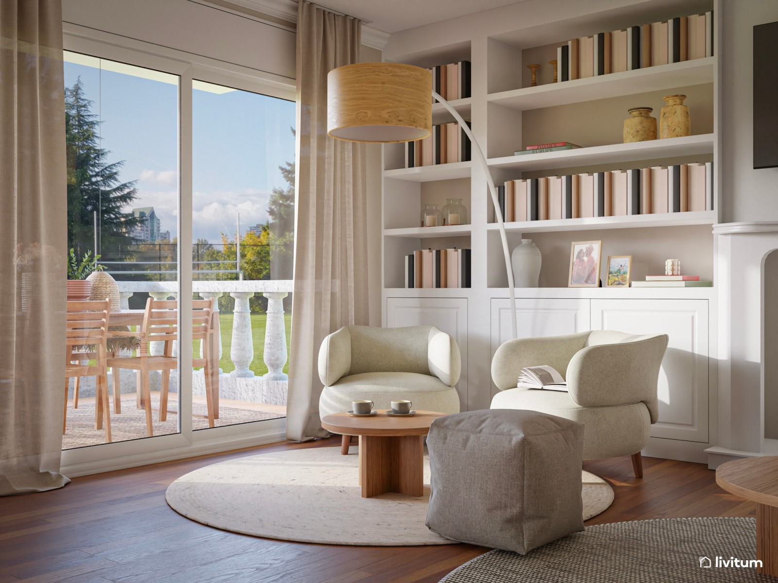Salón comedor nórdico con una espectacular librería 