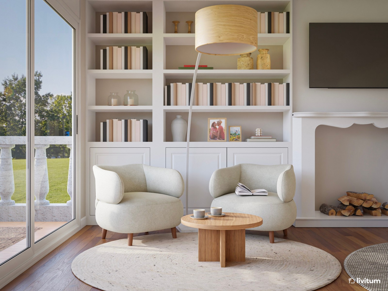 Salón comedor nórdico con una espectacular librería 