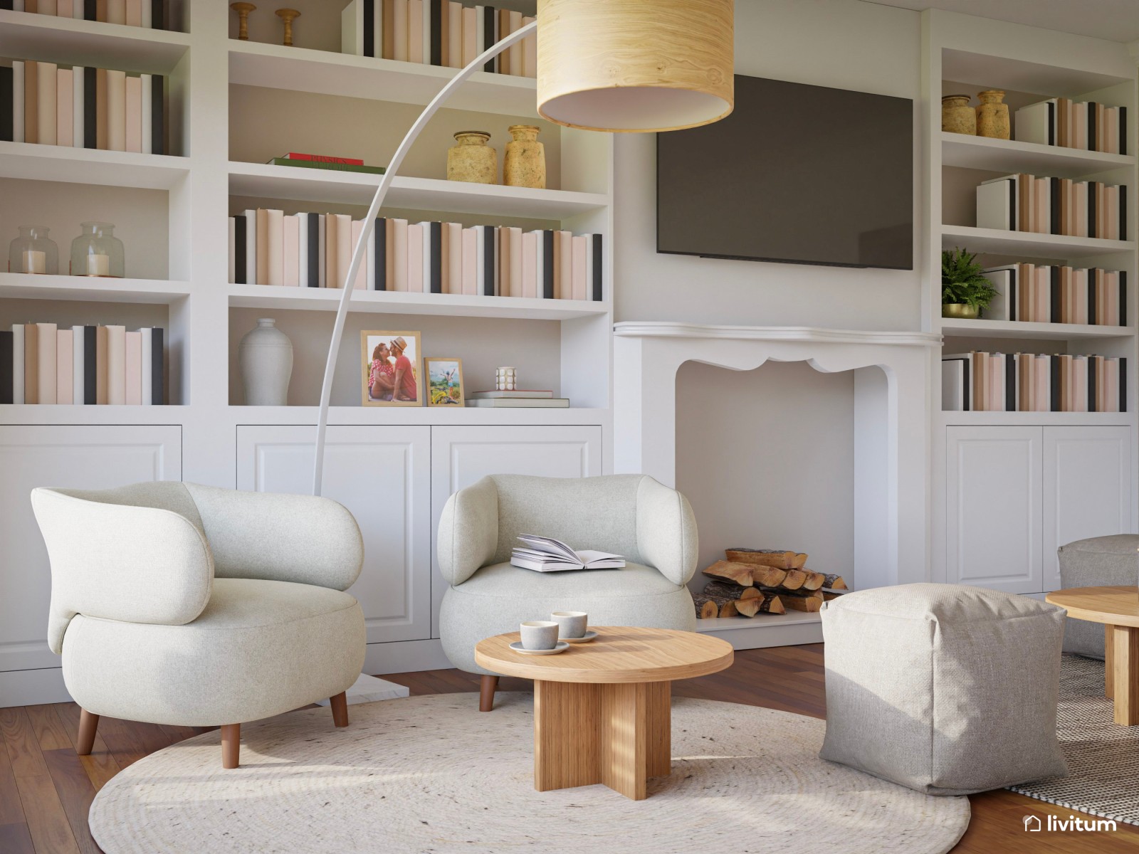 Salón comedor nórdico con una espectacular librería 