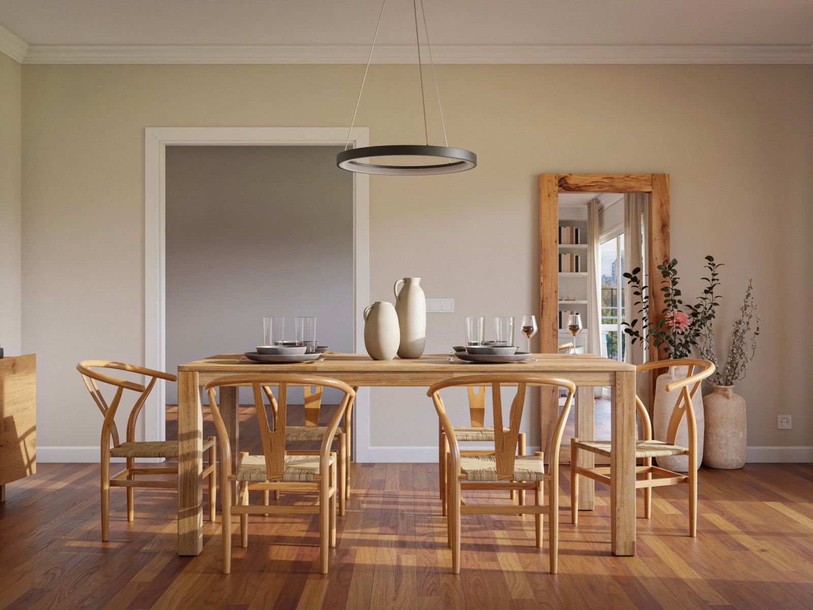 Salón comedor nórdico con una espectacular librería 