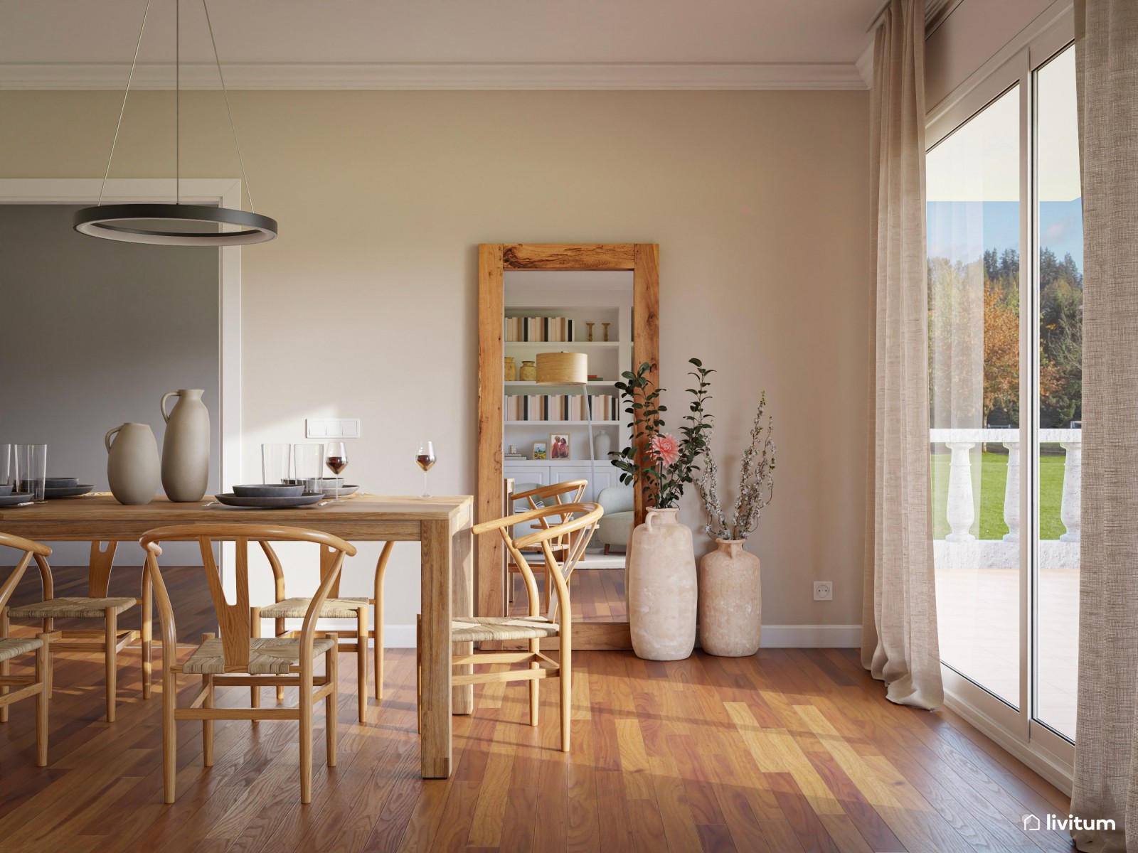 Salón comedor nórdico con una espectacular librería 