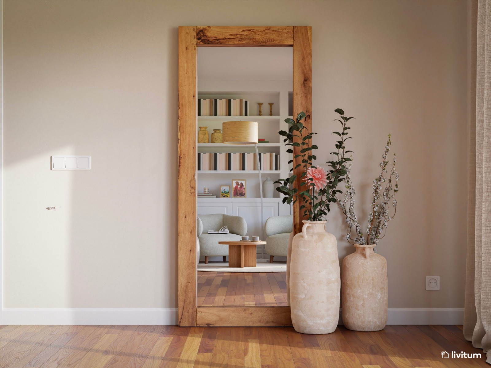 Salón comedor nórdico con una espectacular librería 