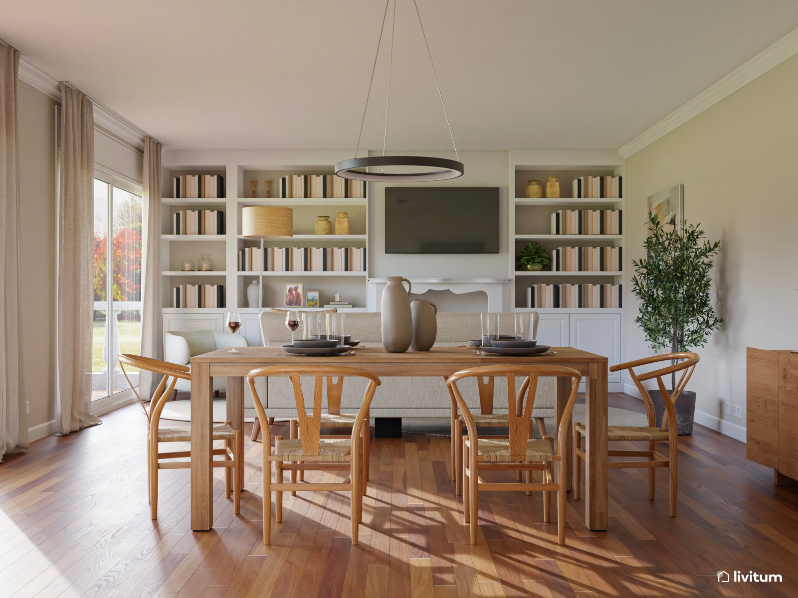 Salón comedor nórdico con una espectacular librería 