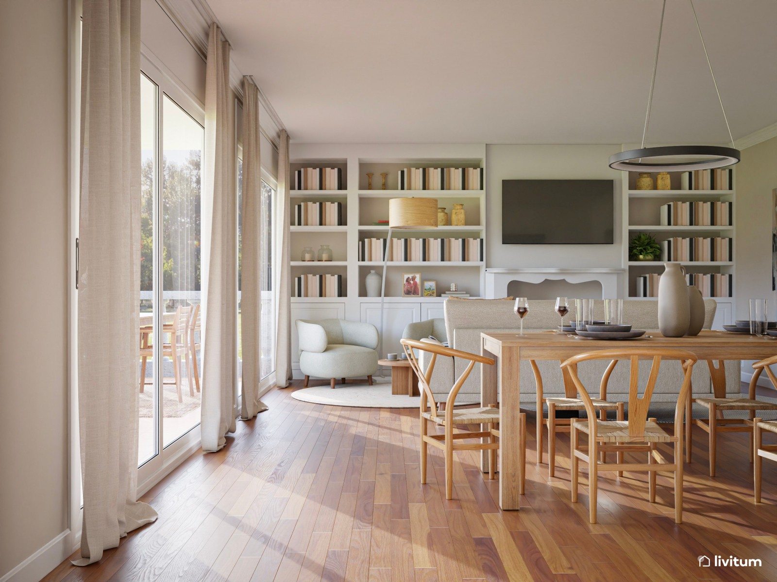 Salón comedor nórdico con una espectacular librería 