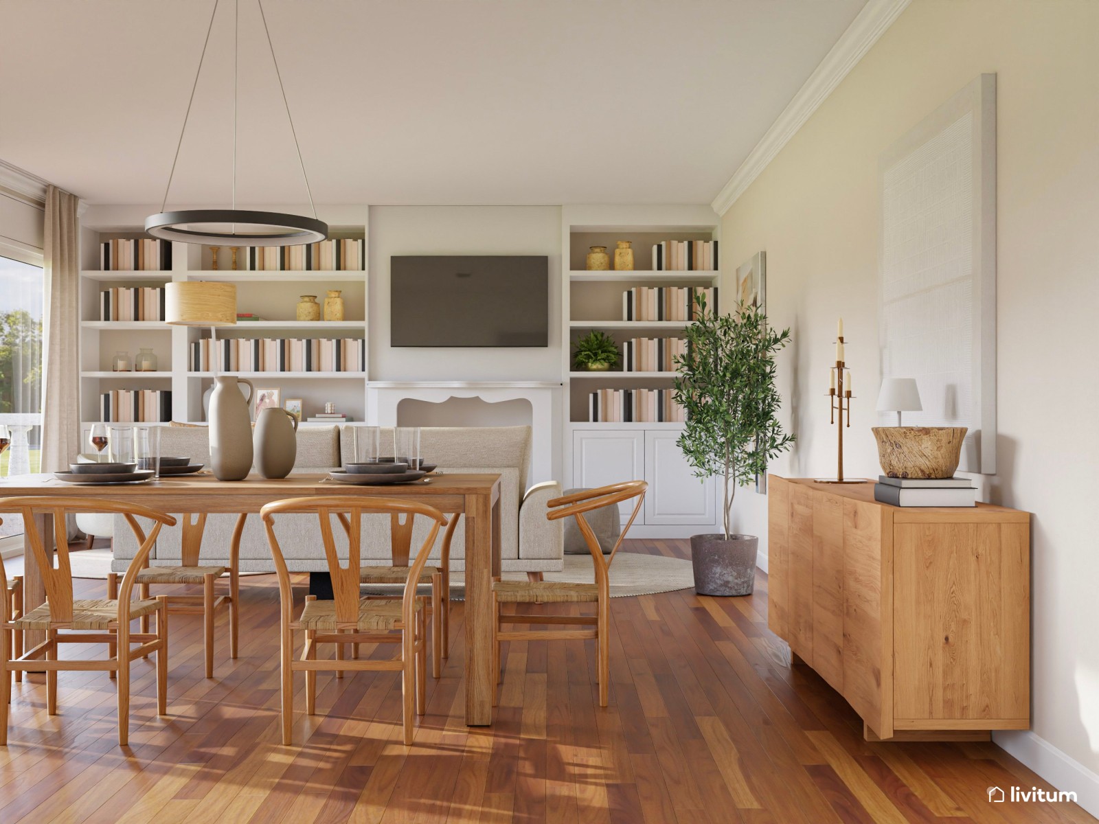 Salón comedor nórdico con una espectacular librería 