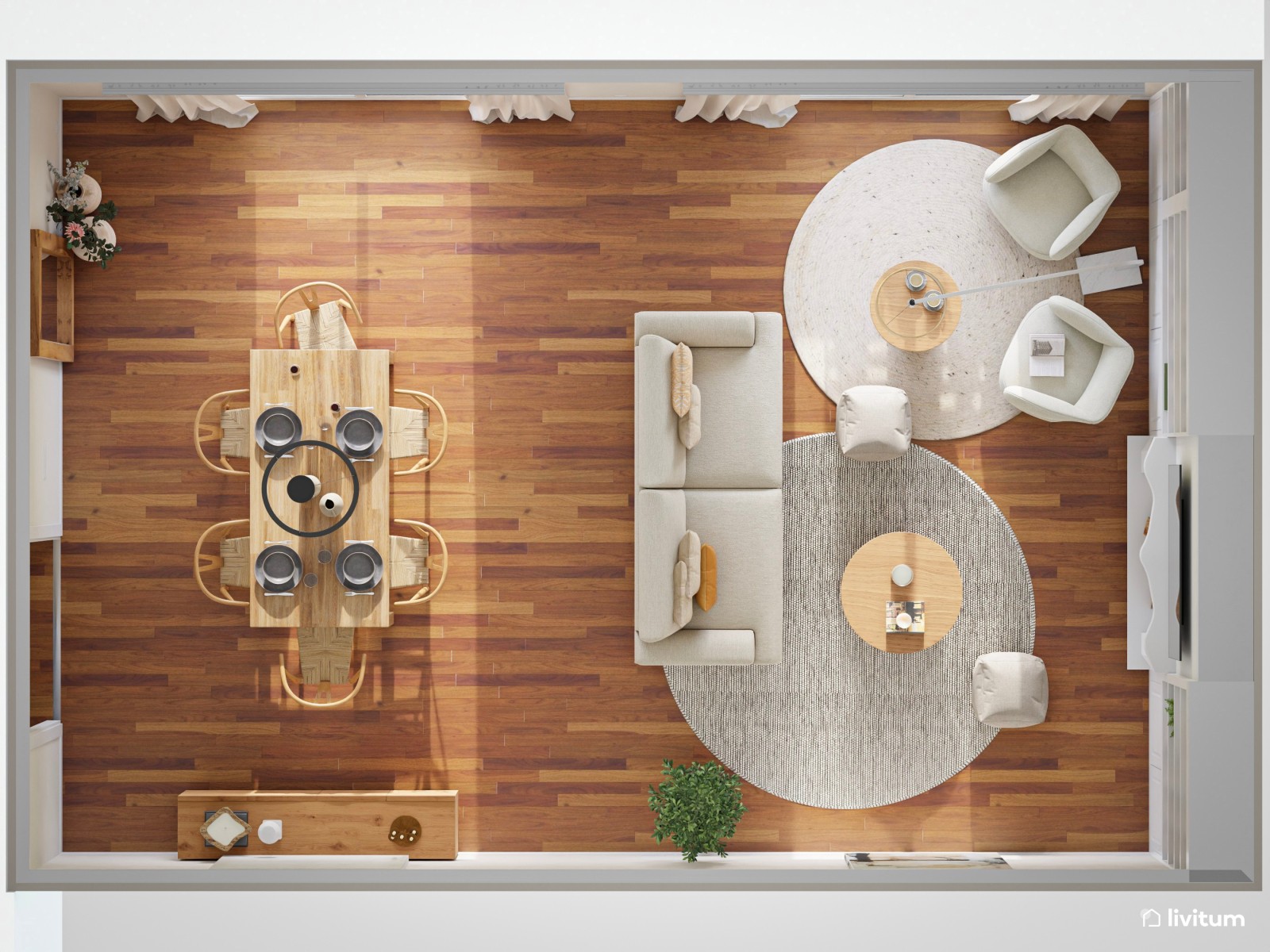 Salón comedor nórdico con una espectacular librería 