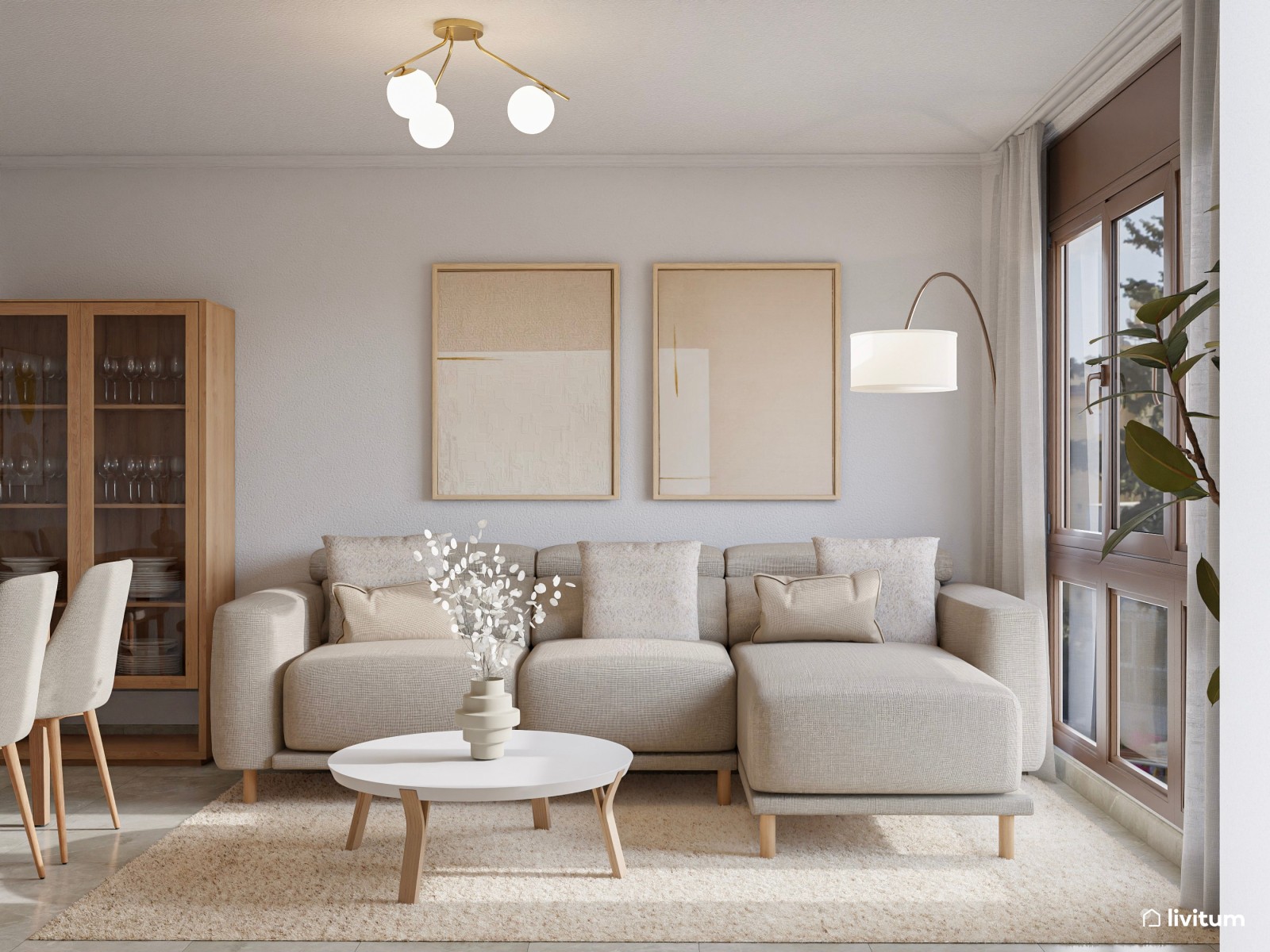 Salón comedor nórdico de 18 m² en tonos neutros y madera 