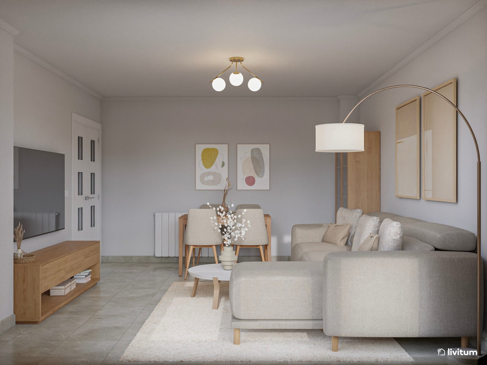 Salón comedor nórdico de 18 m² en tonos neutros y madera 