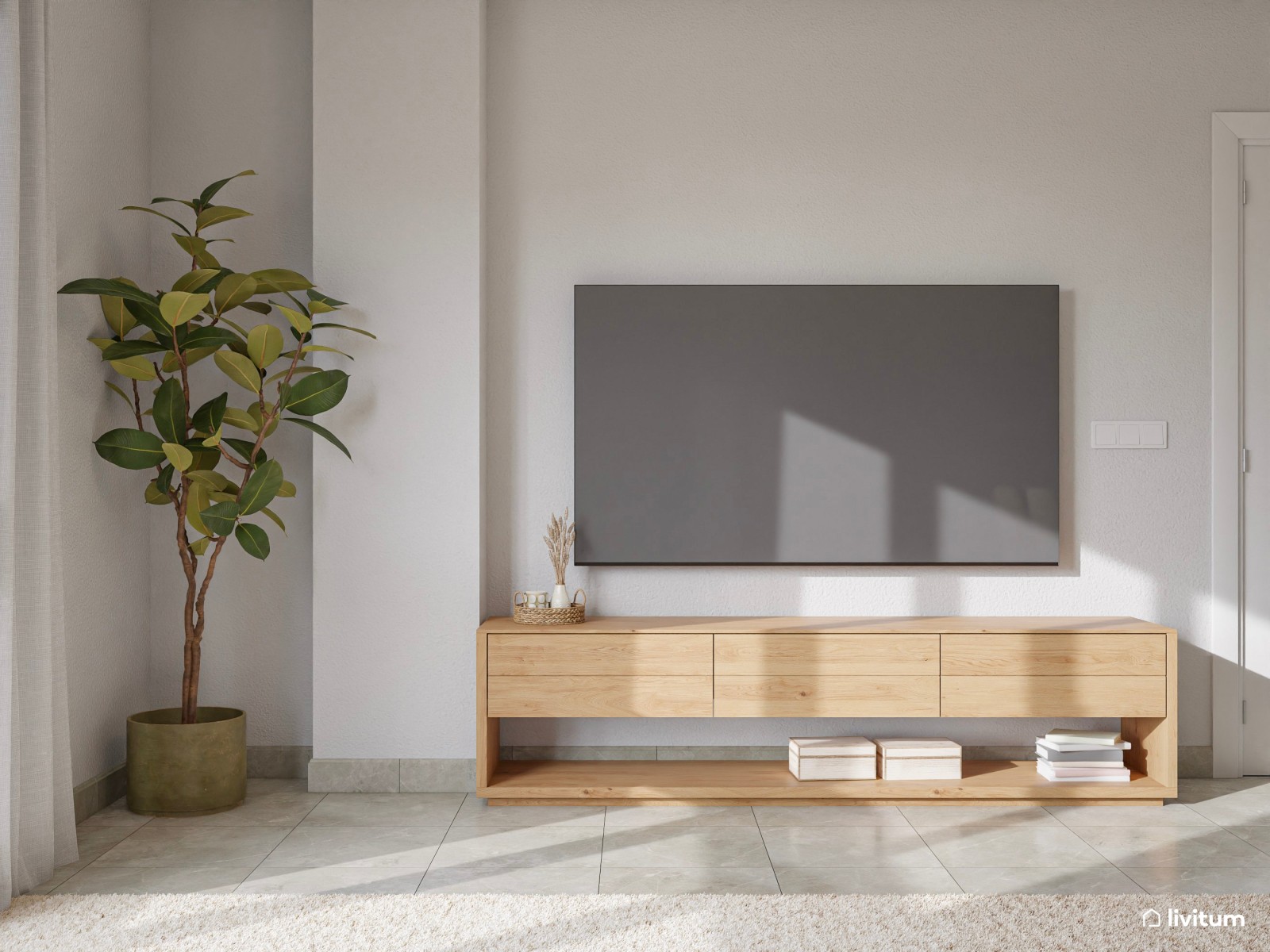 Salón comedor nórdico de 18 m² en tonos neutros y madera 