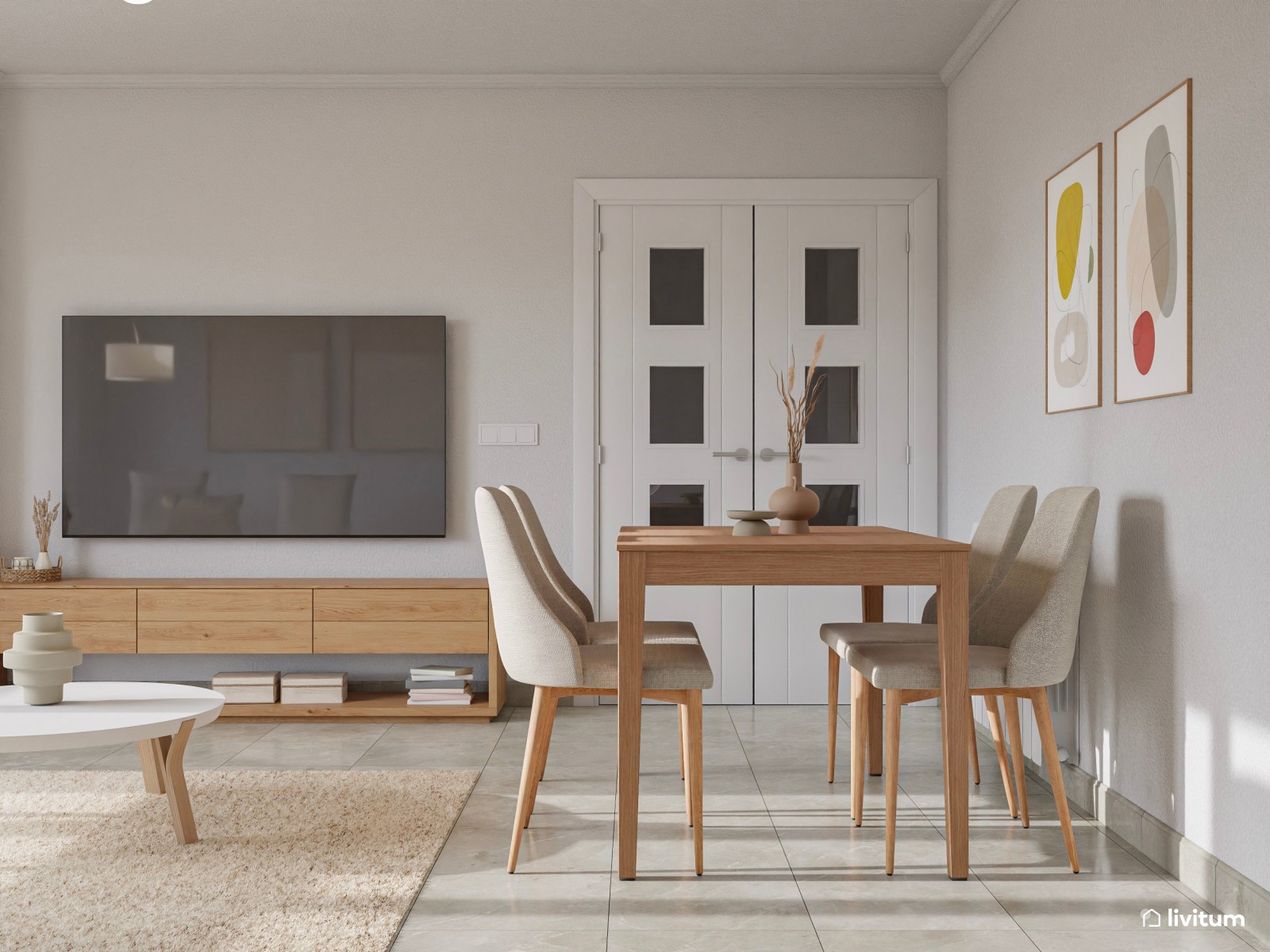 Salón comedor nórdico de 18 m² en tonos neutros y madera 