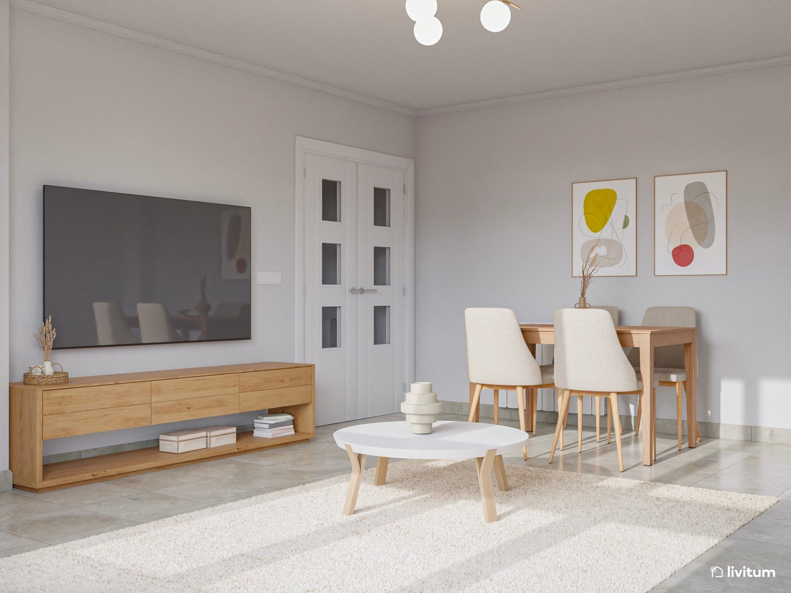 Salón comedor nórdico de 18 m² en tonos neutros y madera 