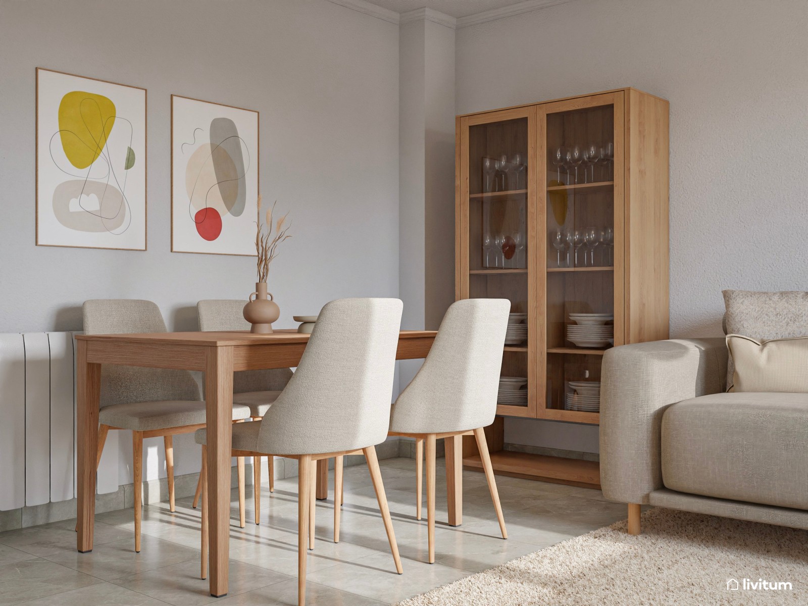 Salón comedor nórdico de 18 m² en tonos neutros y madera 