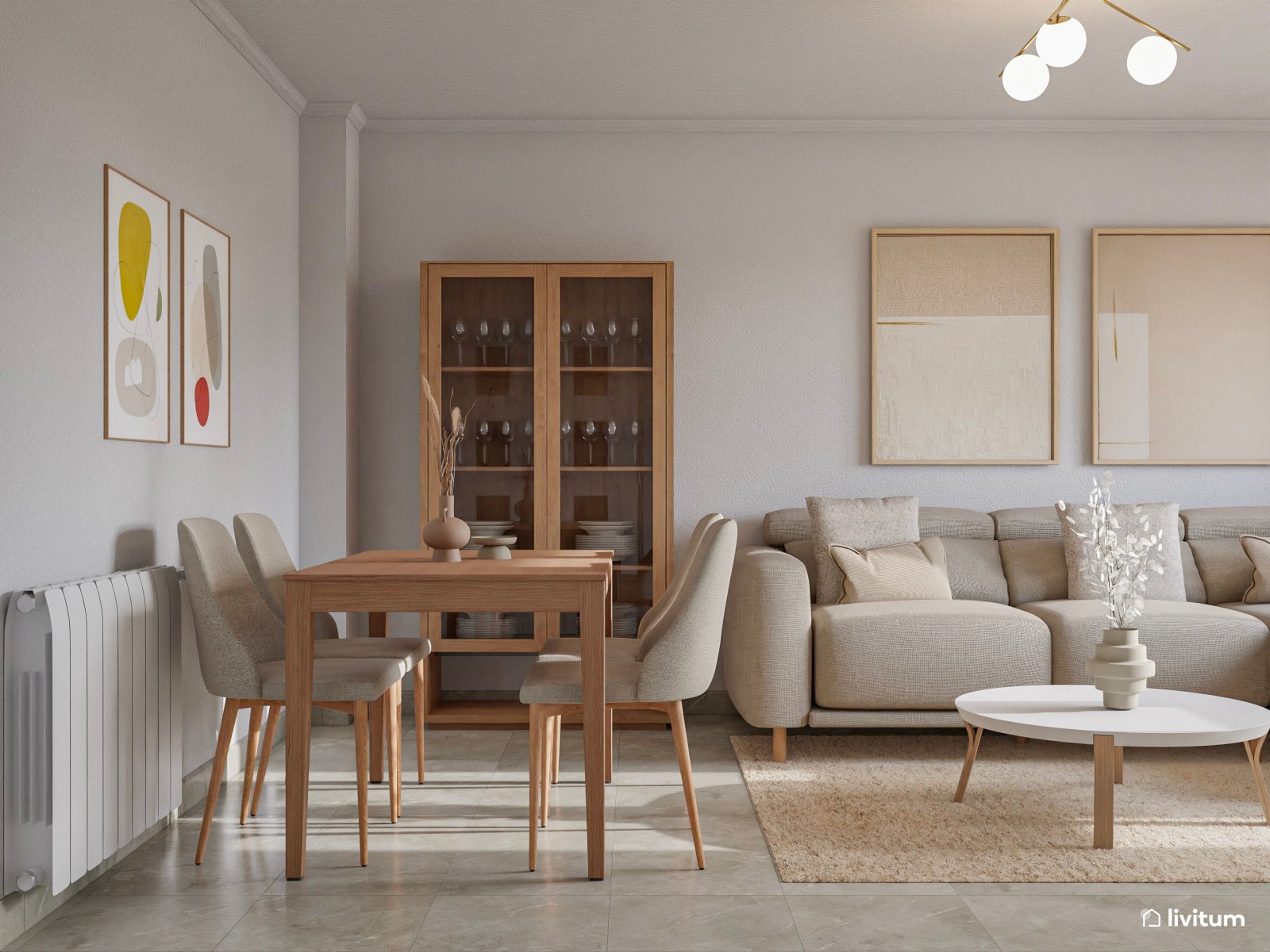 Salón comedor nórdico de 18 m² en tonos neutros y madera 