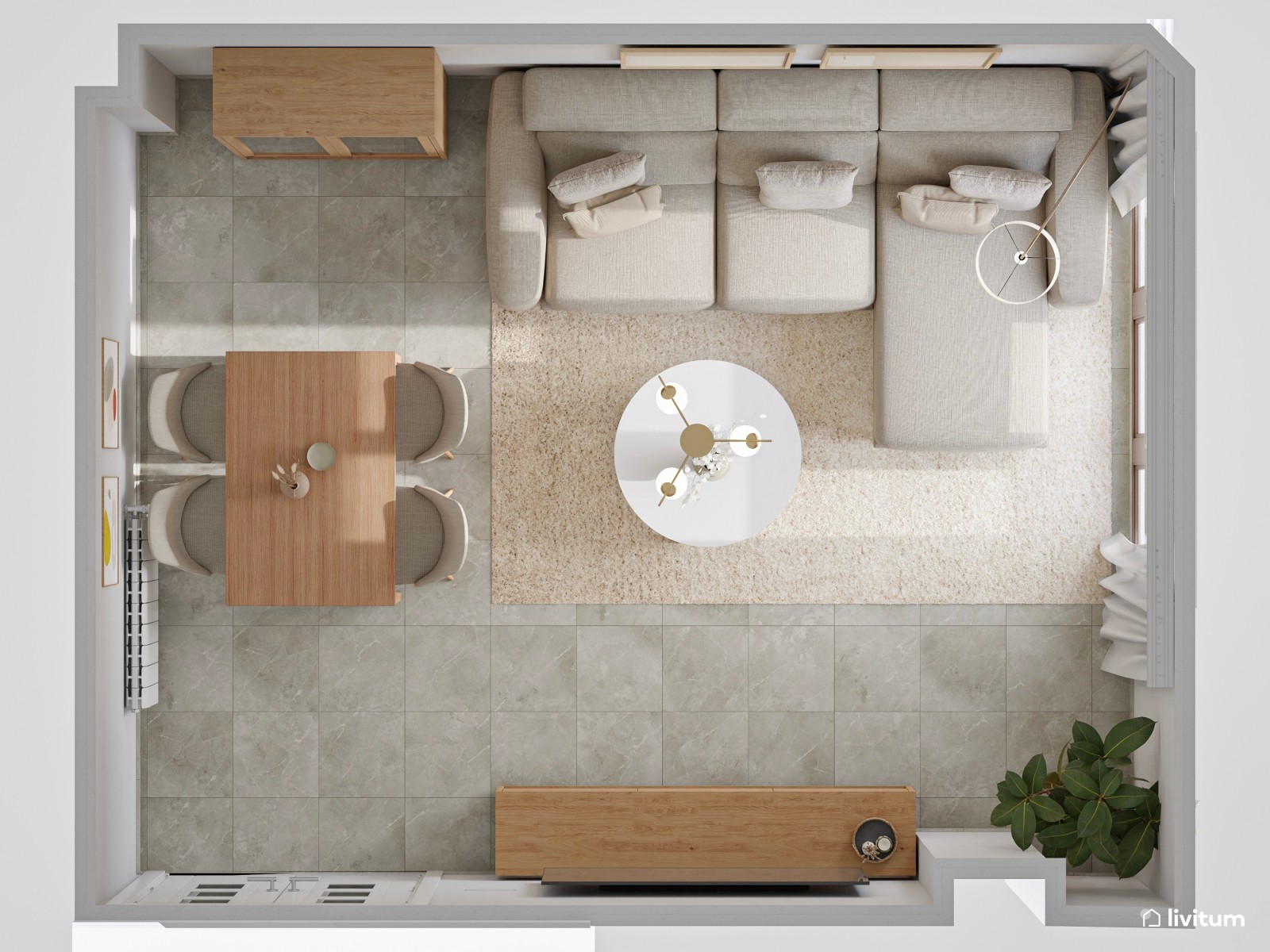 Salón comedor nórdico de 18 m² en tonos neutros y madera 