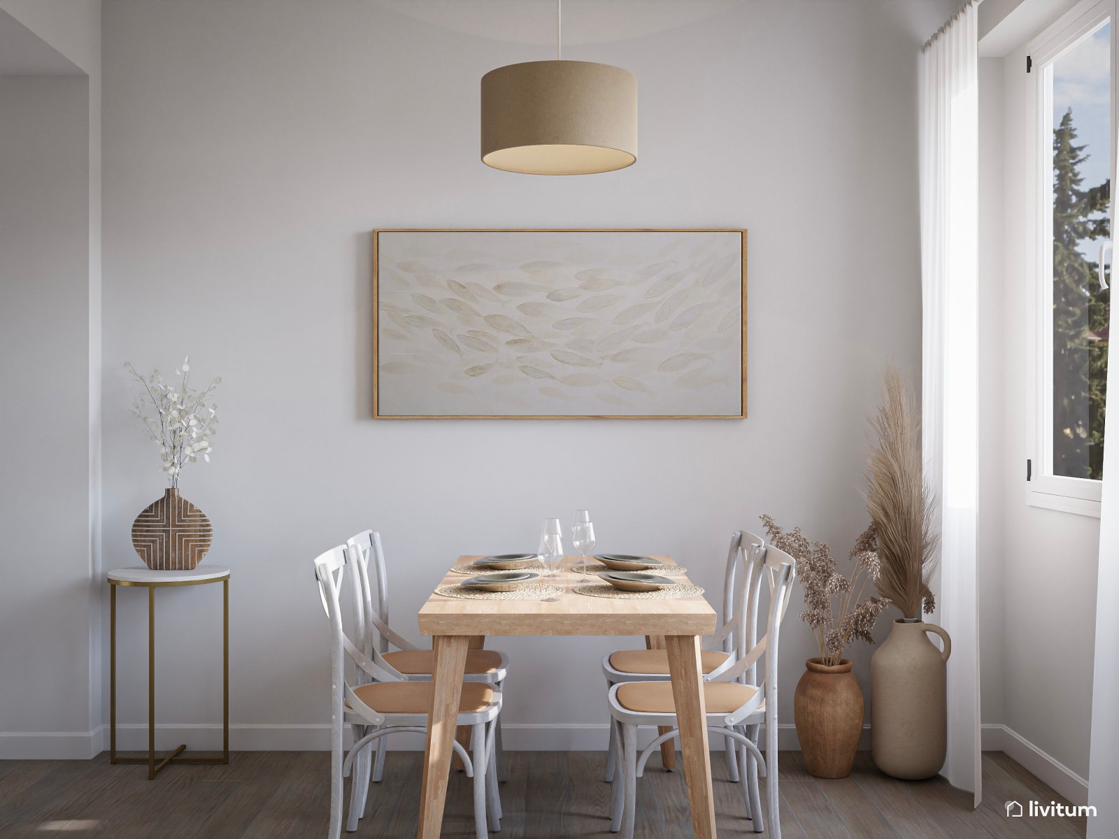 Salón comedor nórdico de aire vintage decorado en madera y blanco