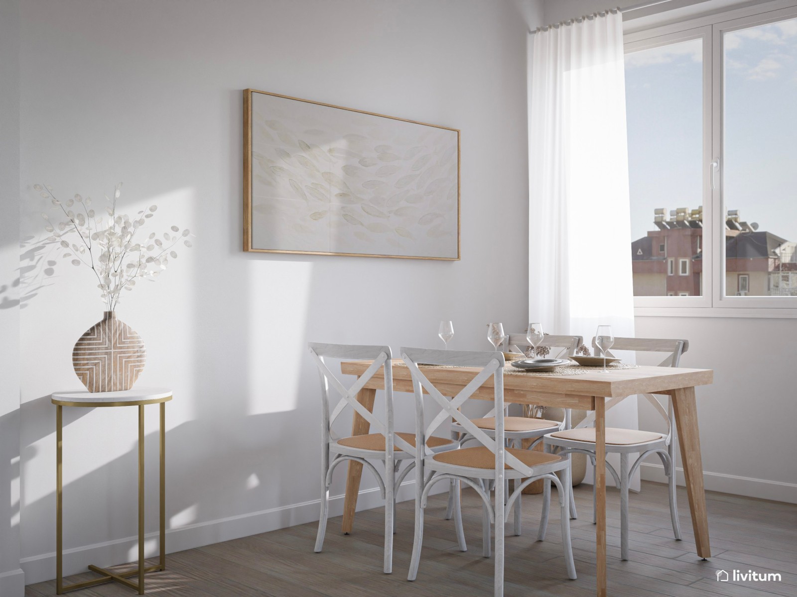 Salón comedor nórdico de aire vintage decorado en madera y blanco