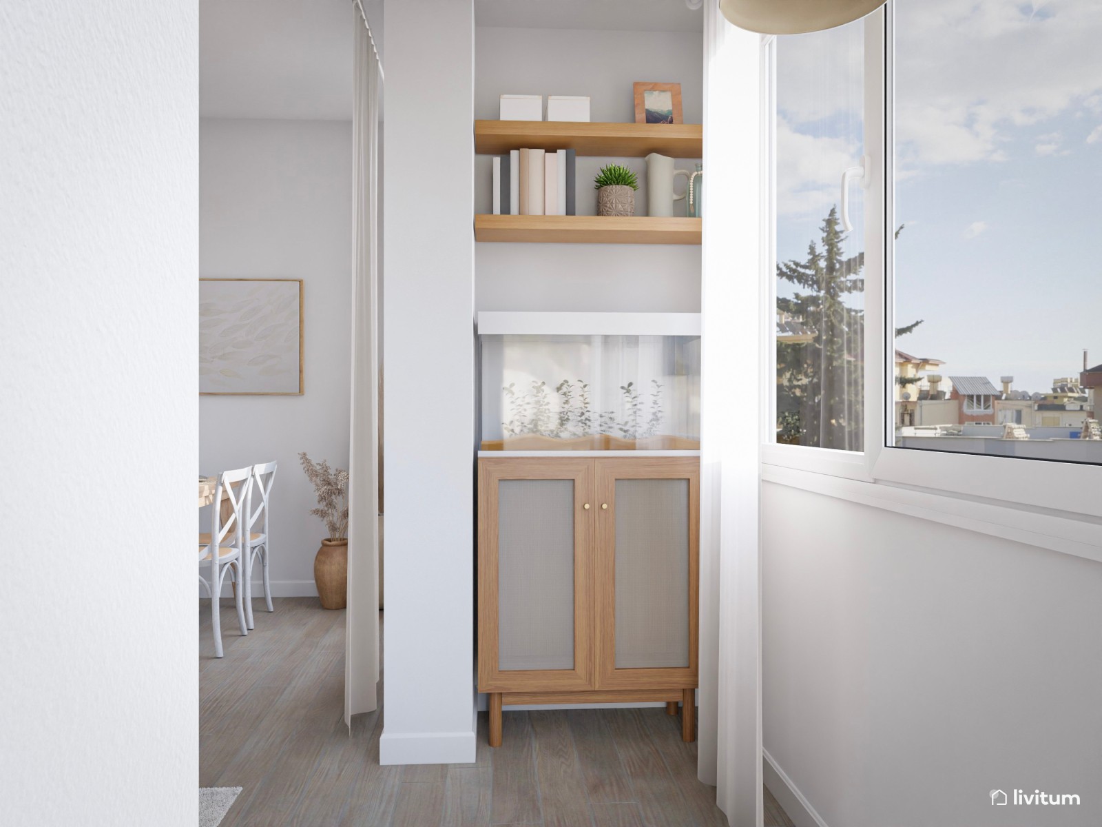 Salón comedor nórdico de aire vintage decorado en madera y blanco