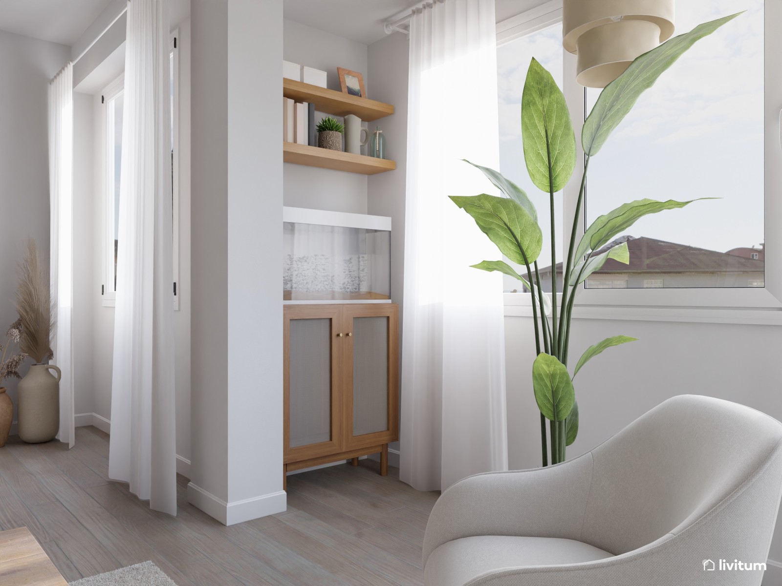 Salón comedor nórdico de aire vintage decorado en madera y blanco