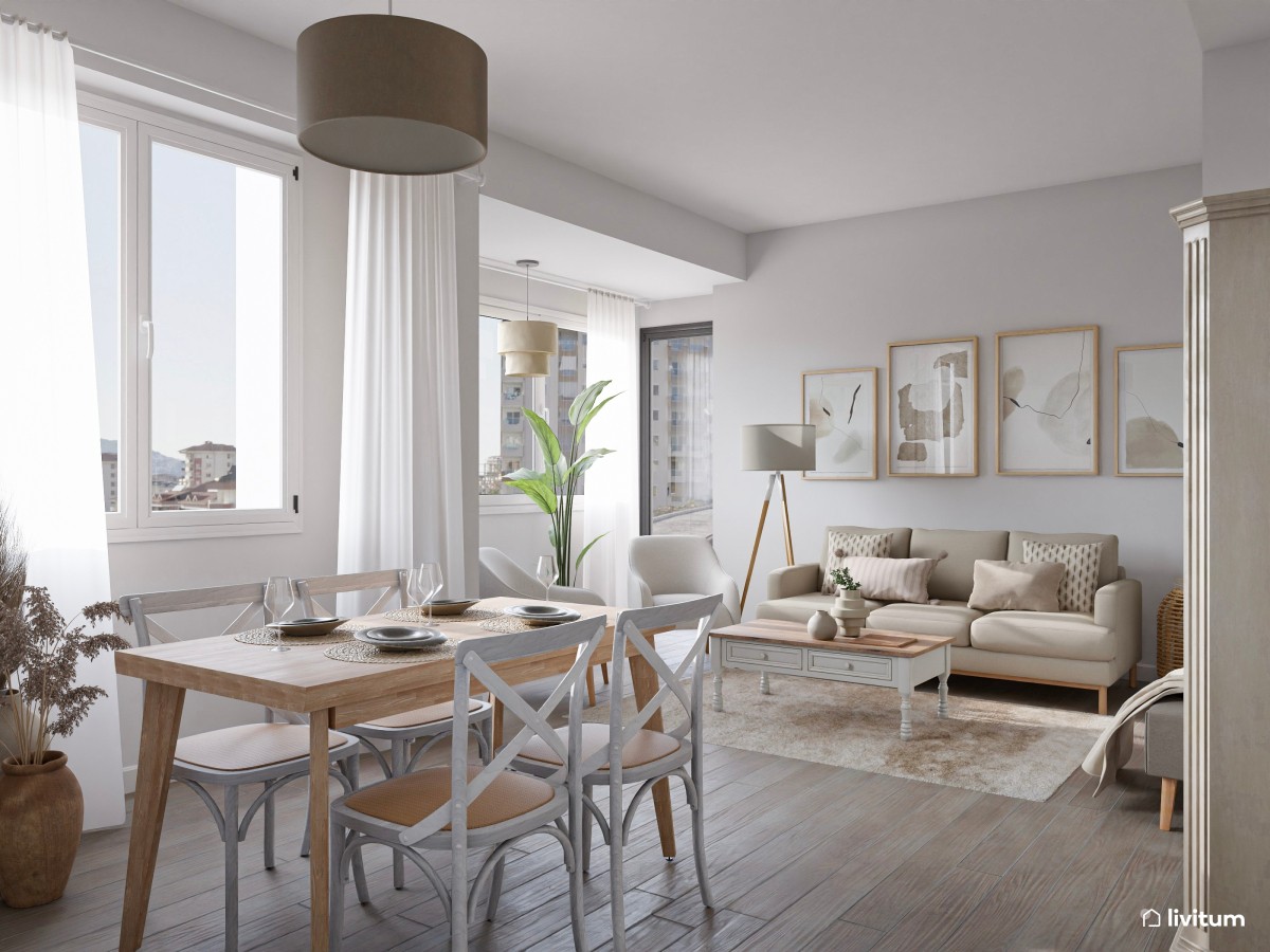 Salón comedor nórdico de aire vintage decorado en madera y blanco