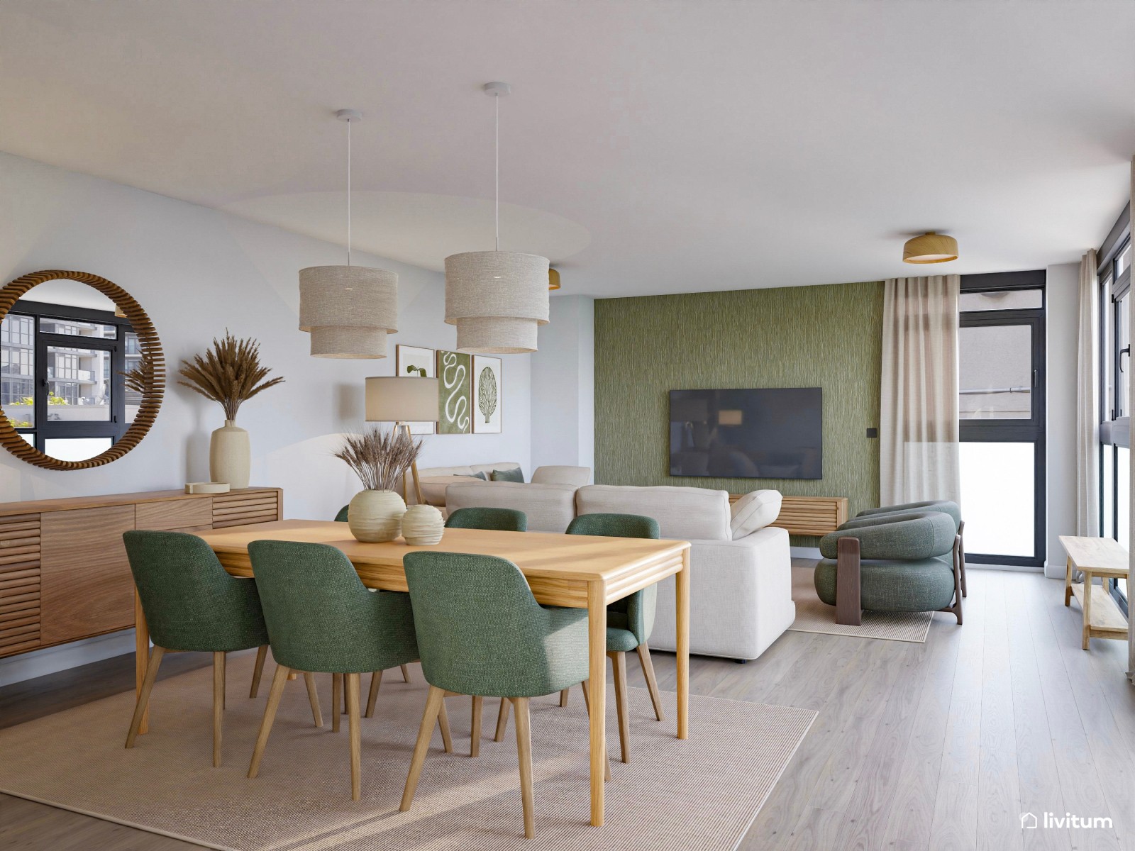Salón comedor nórdico de tonos claros con detalles en verde