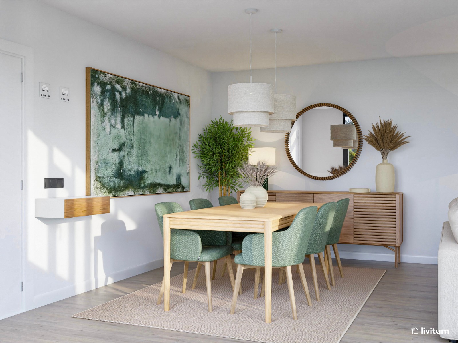 Salón comedor nórdico de tonos claros con detalles en verde