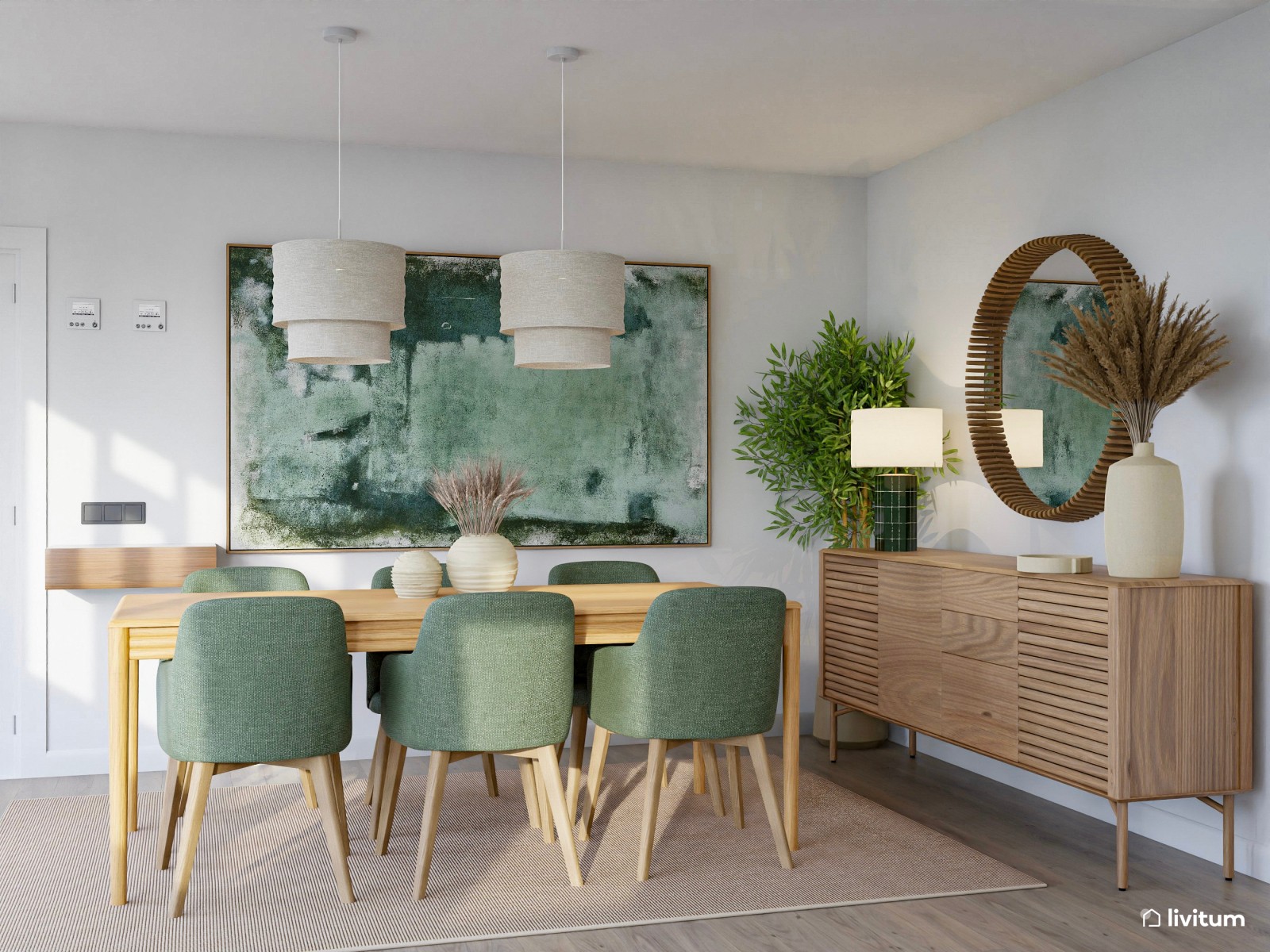 Salón comedor nórdico de tonos claros con detalles en verde