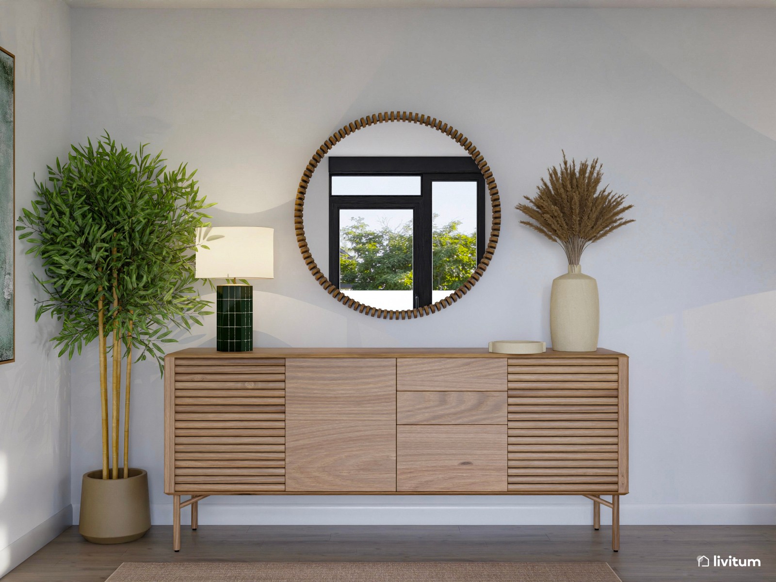 Salón comedor nórdico de tonos claros con detalles en verde